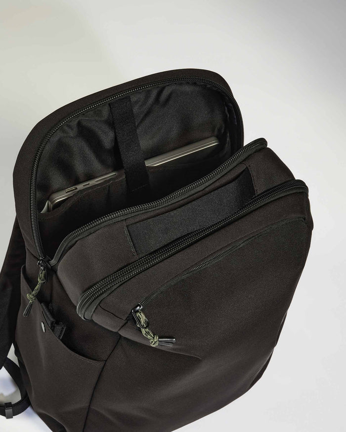 a black backpack with zippers
