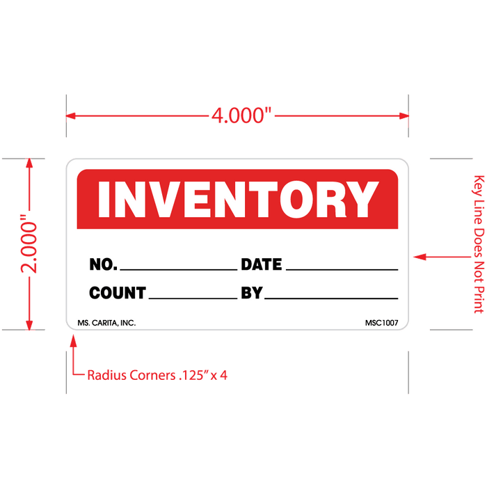 Inventory label with dimensions and text fields on a white background