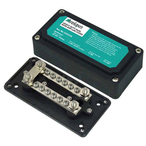 Relaxn 12-48V Heavy-Duty Buss Bar Modular Box - 2 x 6 Way M6 - 138(L) x 69(W) x 44(H)mm