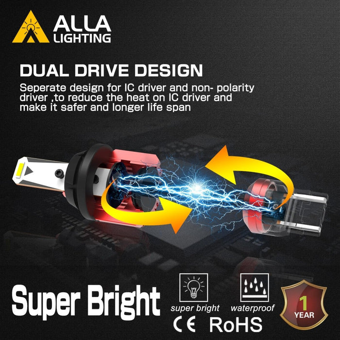 T20 W21W 7440 CANBUS LED Bulbs Error Free Backup Reverse Lights, White -Alla Lighting